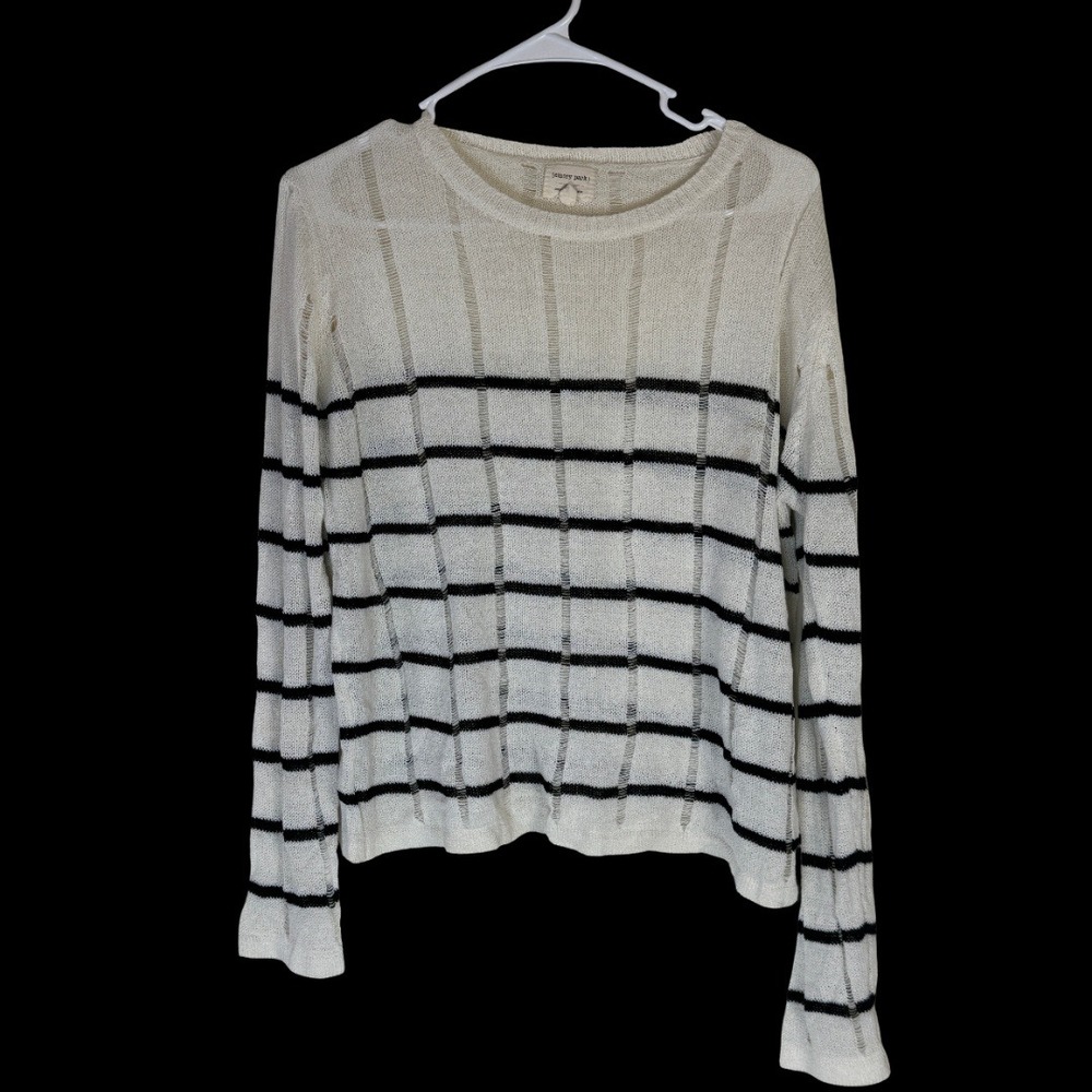 Emory Park Striped Sweater Womens Medium White Black Open Knit Pointelle